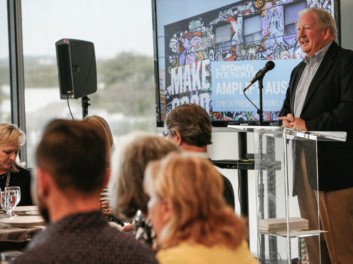 Earl Maxwell, CEO St. David’s Foundation addressing the group of local organizations about to receive $1 million in Amplify Austin Day matching dollars