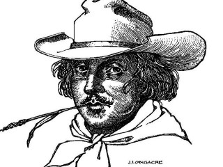 William Shakespeare in cowboy hat drawing for Shakespeare at Winedale ut program