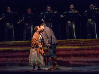 Luis (Daniel Montenegro, right) kisses Amorita (Abigail Santo Villalobos) in ‘El Pasado Nunca se Termina’, Fort Worth Opera