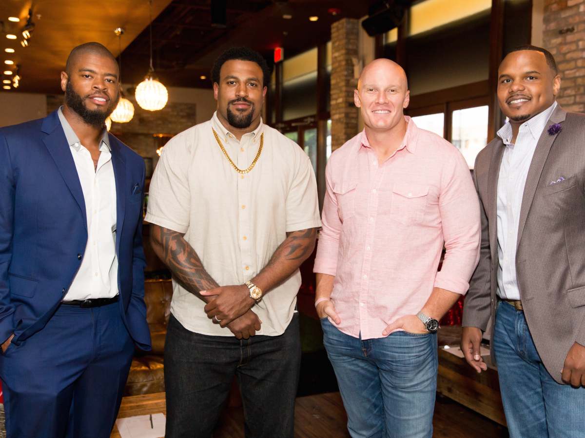 Wade Smith book launch, June 2014, Wade Smith, Duane Brown, Chris Myers, Chester Pitts