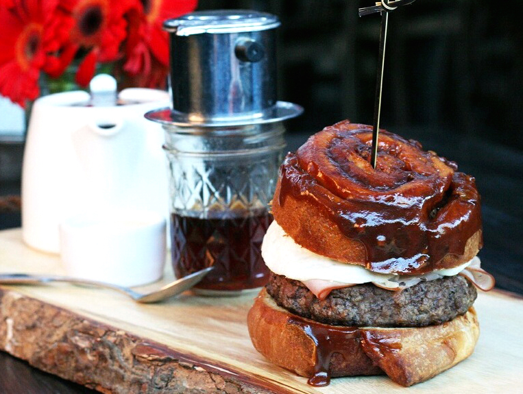 Houston, fancy breakfast sandwiches, June 2017, sticky bun breakfast burger at Bosscat Kitchen