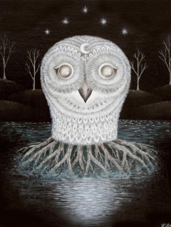 Painting by Kathleen Lolley of owl for The Singing Bone exhibit at grayDUCK