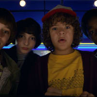 Noah Schnapp, Finn Wolfhard, Gaten Matarazzo, and Caleb Mclaughlin in Stranger Things