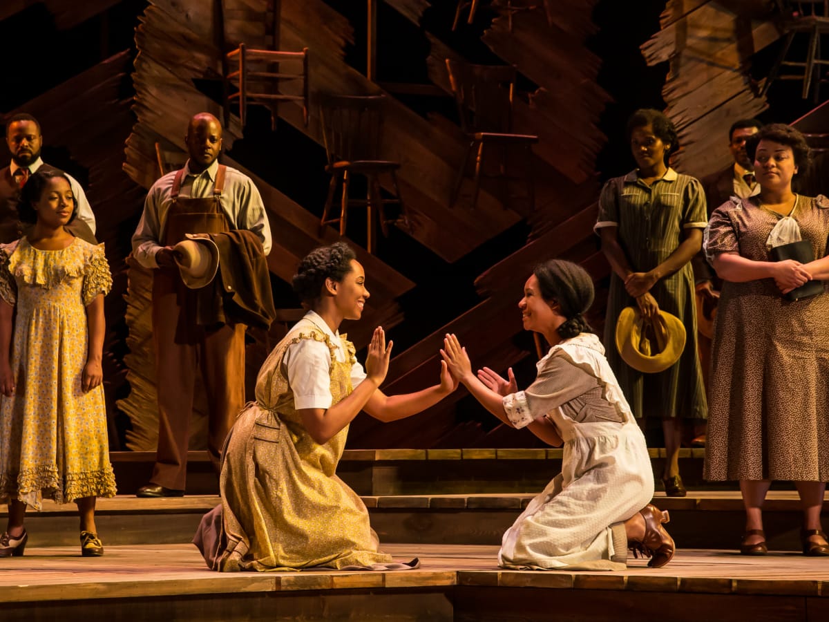 Adrianna Hicks (Celie) and N'Jameh Camara (Nettie) and the North American tour cast of The Color Purple
