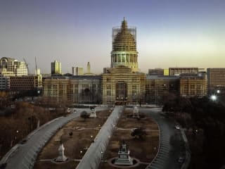 Views of the Capitol exhibit with a photo of the Texas State Capitol during renovation