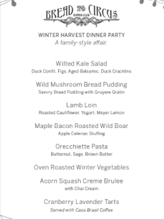 menu for Bread and Circus supper club Winter Harvest Dinner Party