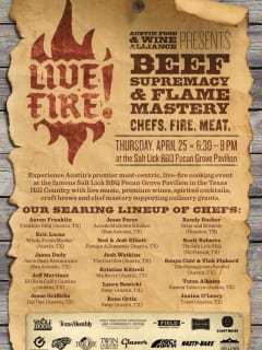 Flyer for Austin food and wine alliance Live Fire event at Salt Lick
