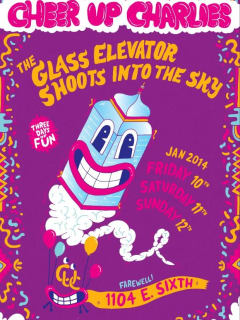 poster for Cheer Up Charlie's farewell party Glass Elevator shoots into the sky
