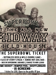 poster for Midway Field House super bowl watch party and soft opening