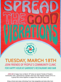 Poster for happy hour for Friends of People's Community Clinic