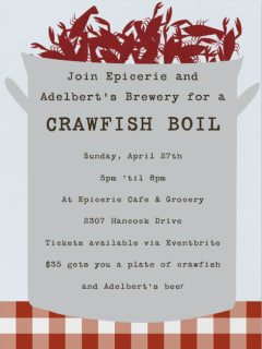poster for epicerie and adelbert's brewery crawfish boil