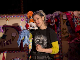 Leslie Carrara-Rudolph and Lolly Lardpop singing in show Wake Up Your Weird.