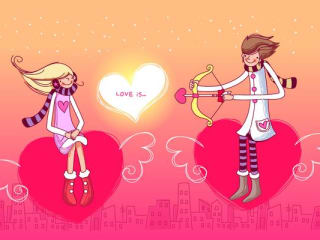 Valentine's Day drawing with romantic couple on floating hearts