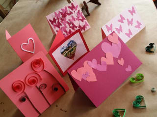 table of handmade Valentine's Day cards