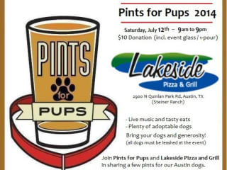 poster for Pints for Pups austin fundraiser at Lakeside pizza and grill