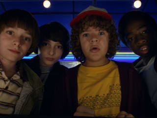 Noah Schnapp, Finn Wolfhard, Gaten Matarazzo, and Caleb Mclaughlin in Stranger Things