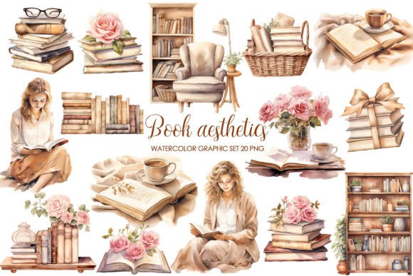 Watercolor Book Aesthetics Clipart Collection