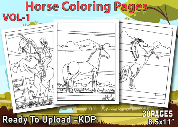 Horse coloring pages vol-1 cover featuring jumping, standing, and rearing horses