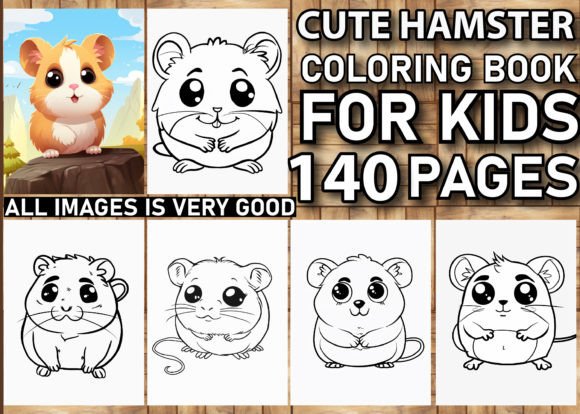 Cute Hamster Coloring Book Cover featuring playful hamster illustrations and wood grain background