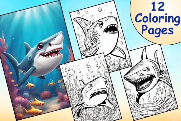 Shark coloring pages collection with underwater scenes and multiple shark designs