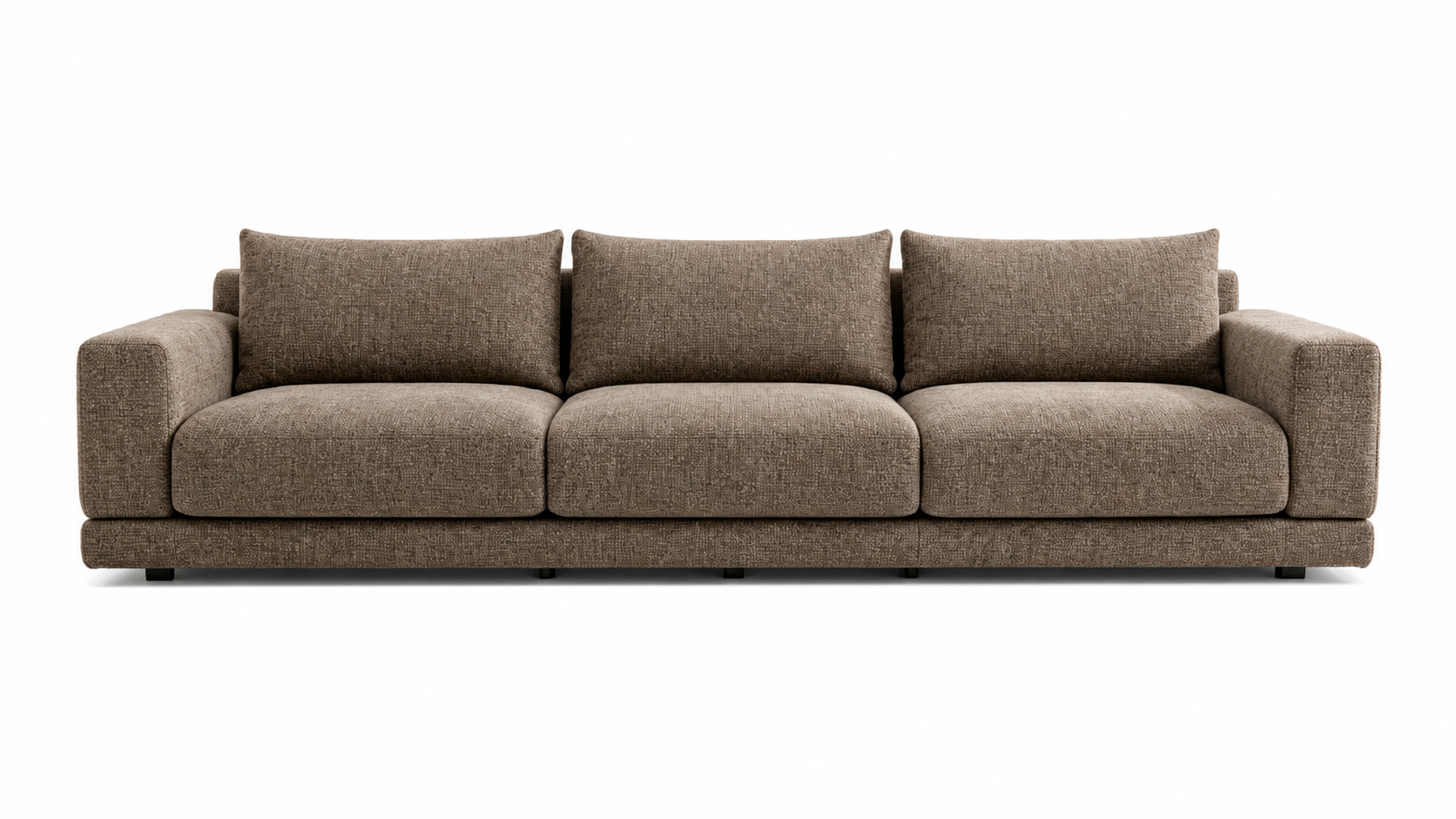 VELTRANO Luxury Sofa in Warm Taupe Bouclé Fabric with Matte Black MS Legs by MERAKI — front view