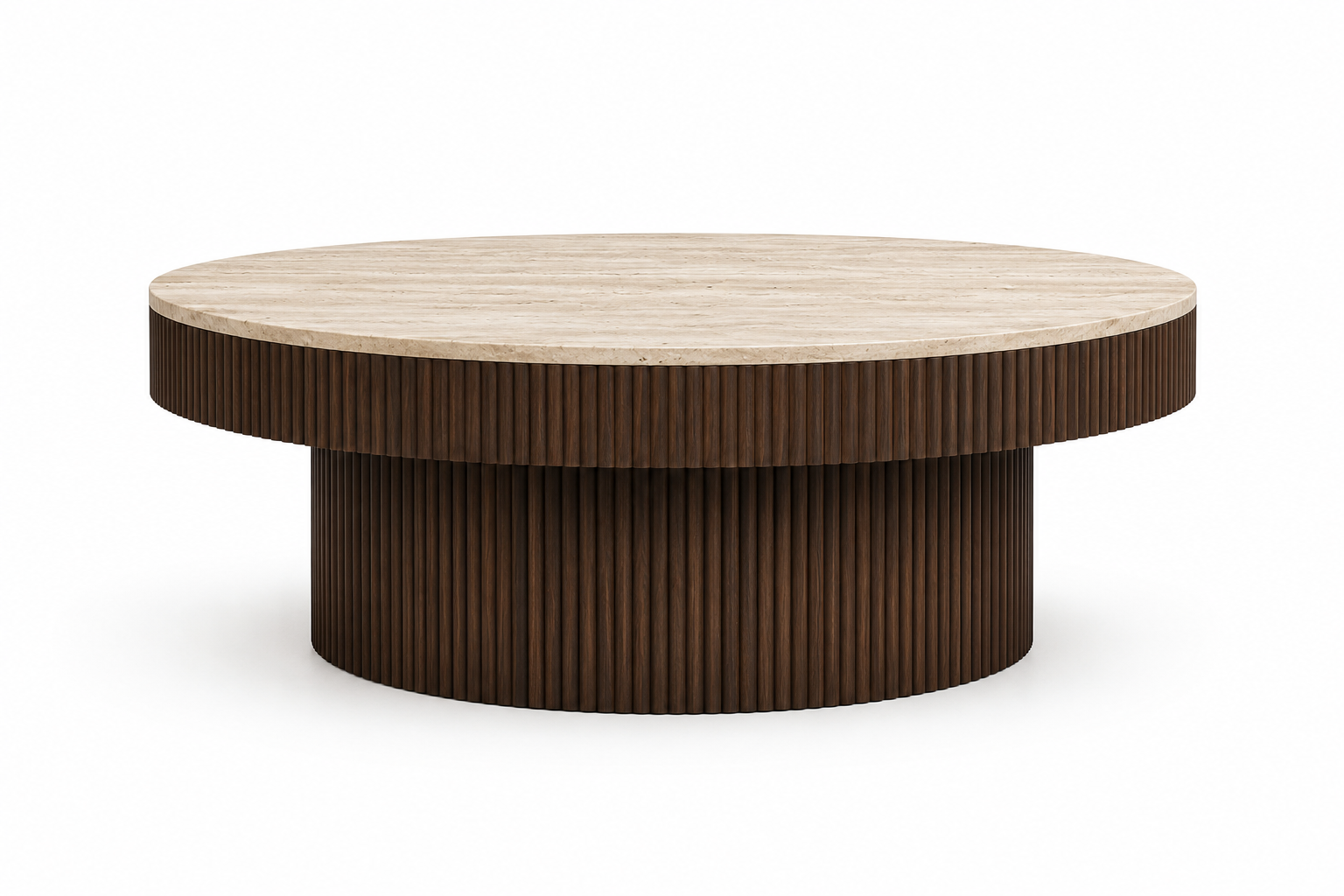 TORVANO Luxury Round Coffee Table with Natural Travertine Stone Top and Fluted Oak Veneer Base by MERAKI — front view