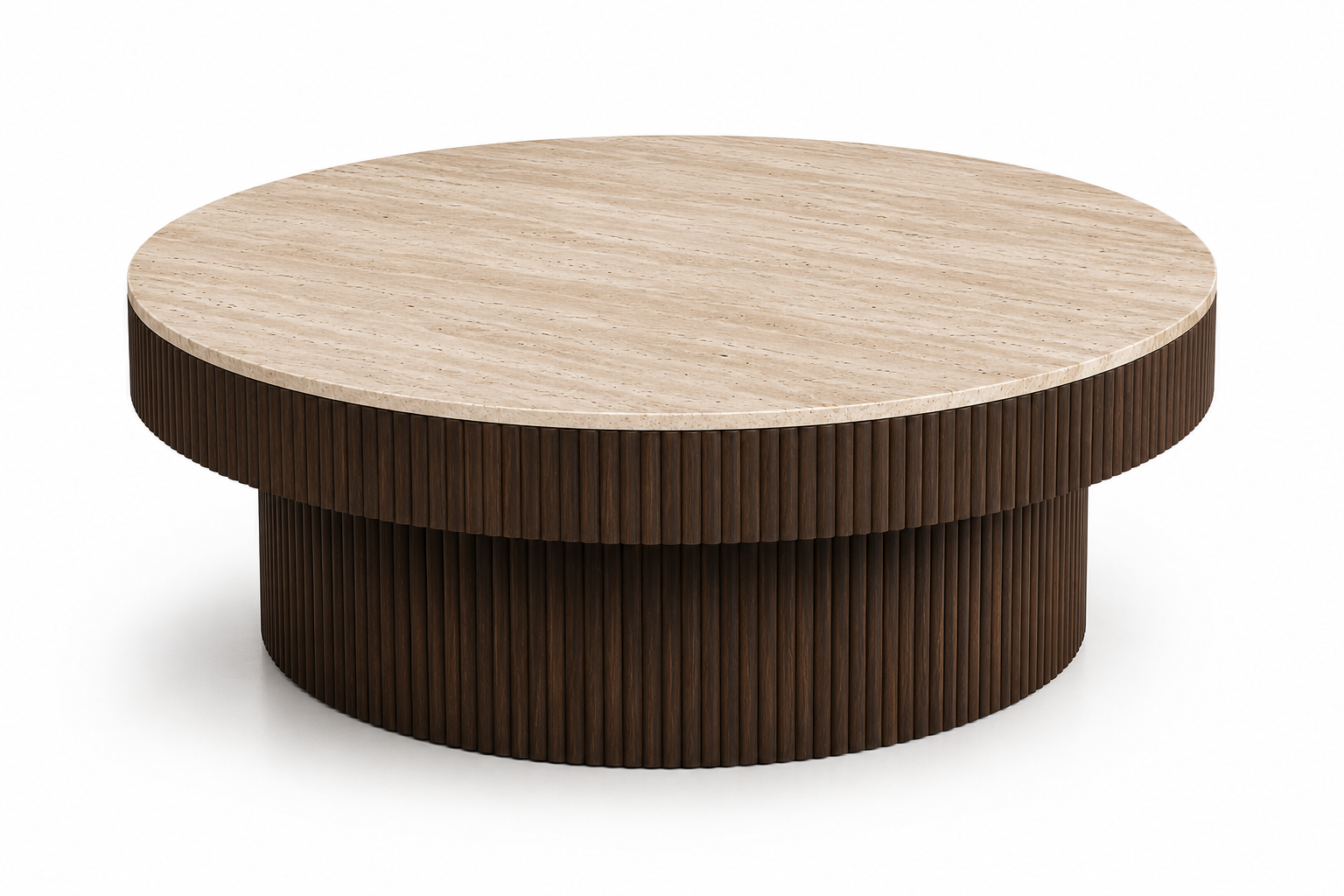 TORVANO Luxury Round Coffee Table with Natural Travertine Stone Top and Fluted Oak Veneer Base by MERAKI — side view