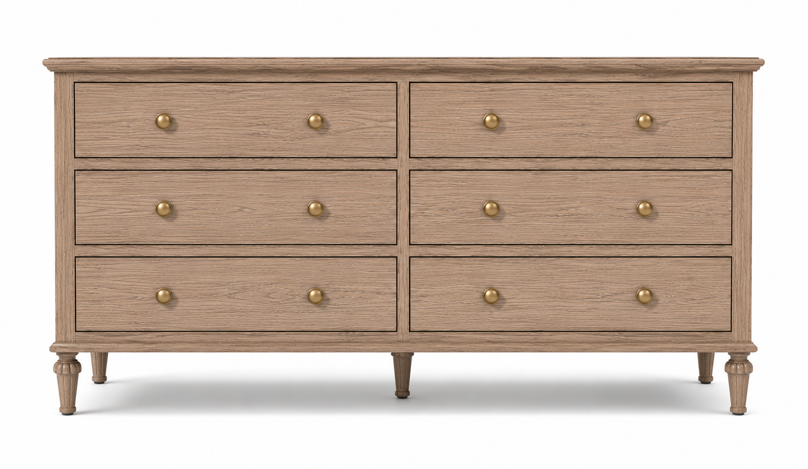 BELMONT Luxury Oak Veneer Dresser with Six Soft-Close Drawers, Solid Oak Legs and Brushed Brass Hardware by MERAKI — front view