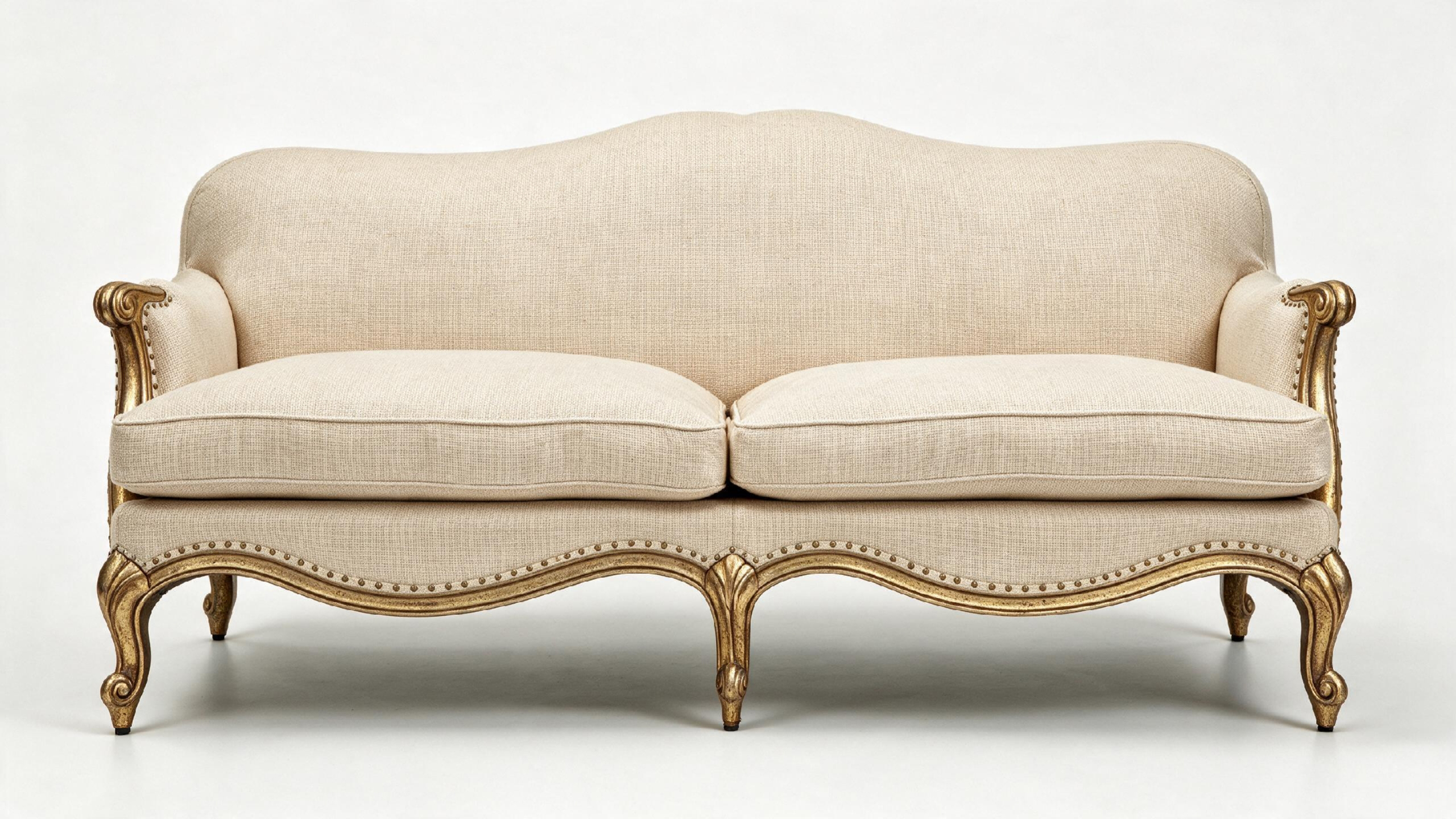 LOREVIA Luxury Classic Sofa with Hand-Carved Solid Wood Frame, Antique Gold Leaf Finish and Warm Ivory Linen Upholstery by MERAKI — front view