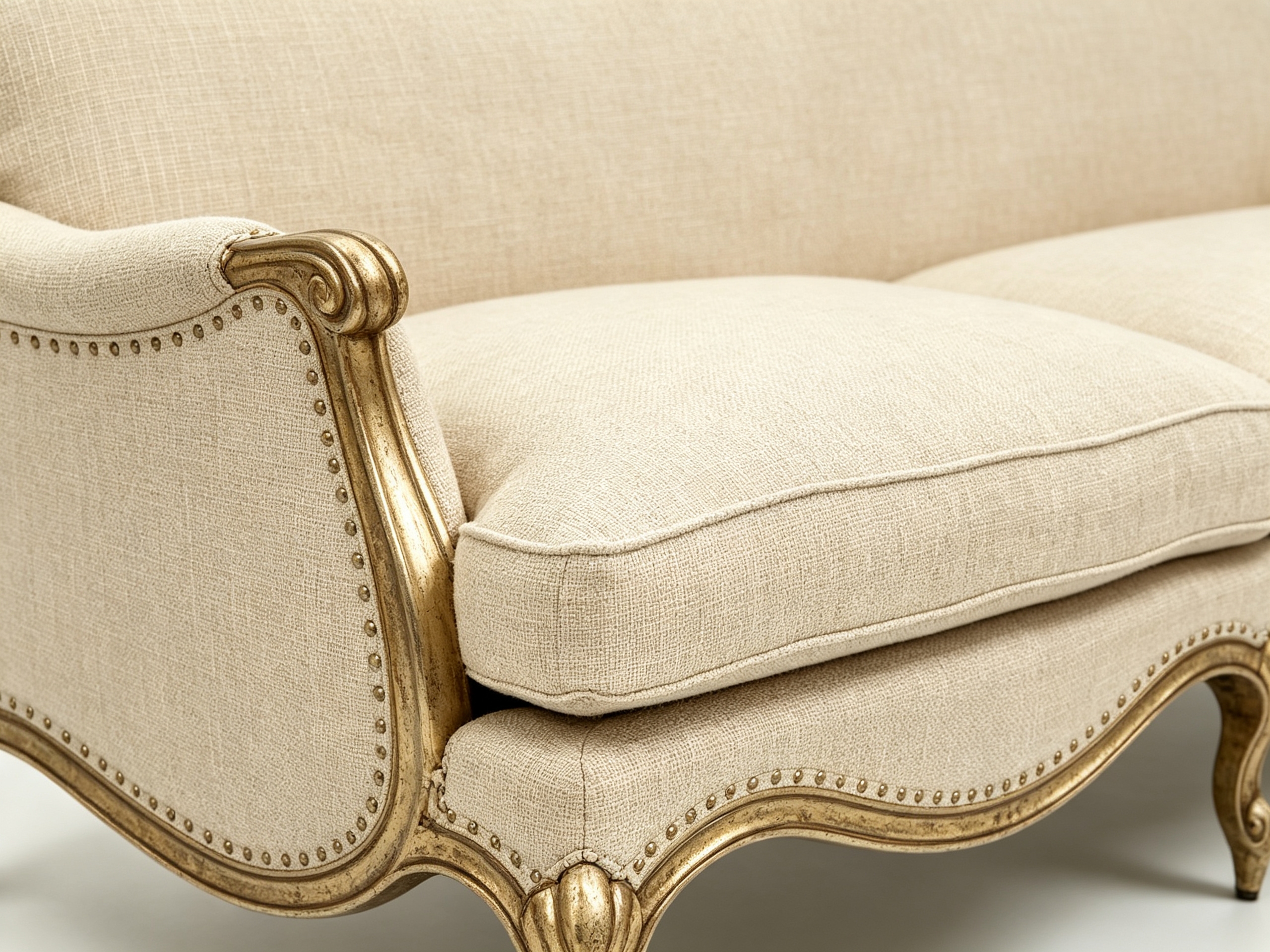 LOREVIA Luxury Classic Sofa with Hand-Carved Solid Wood Frame, Antique Gold Leaf Finish and Warm Ivory Linen Upholstery by MERAKI — side view
