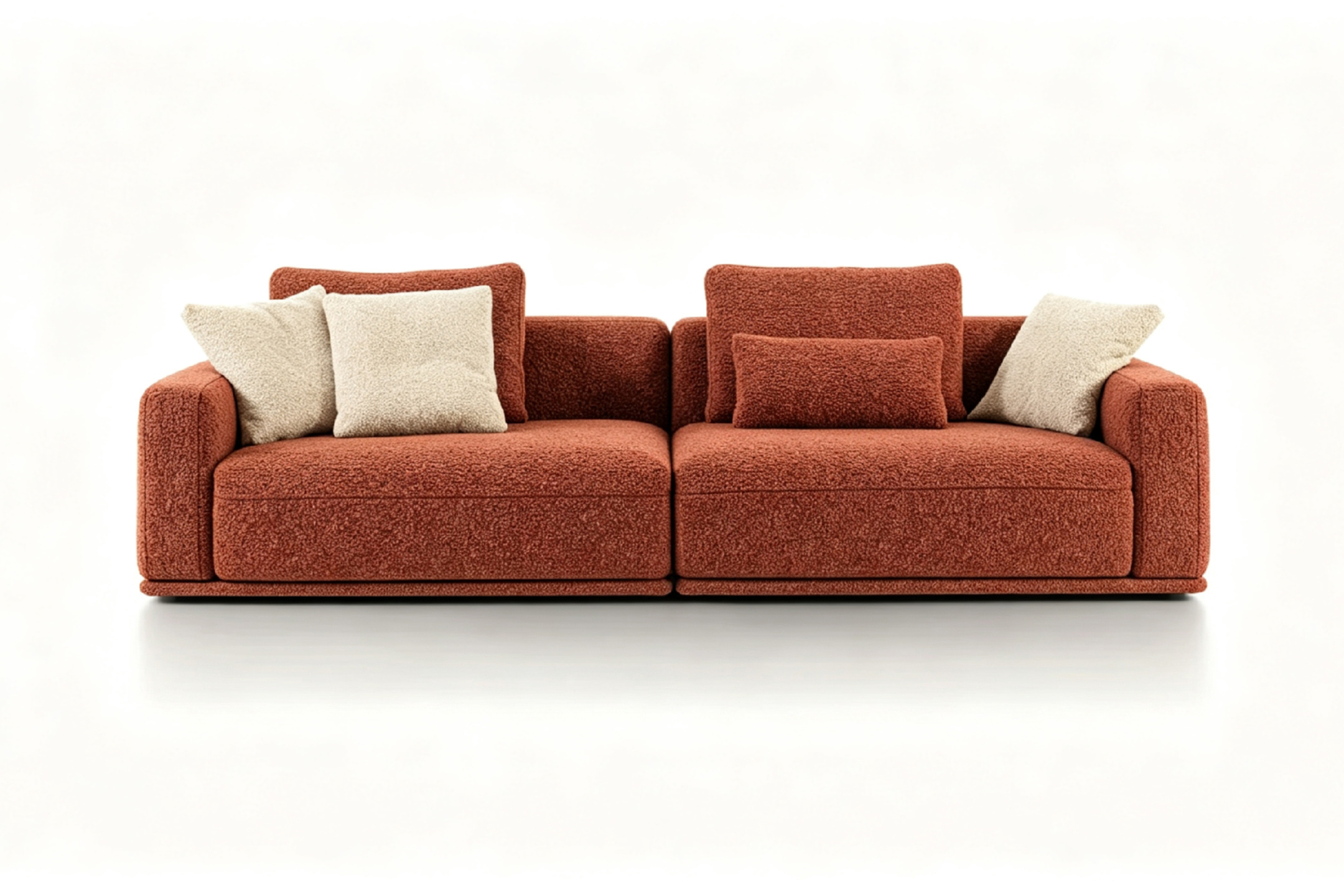 AUREVIO Luxury Designer Sofa with Burnt Terracotta Bouclé Fabric and Fully Upholstered Base by MERAKI — front view