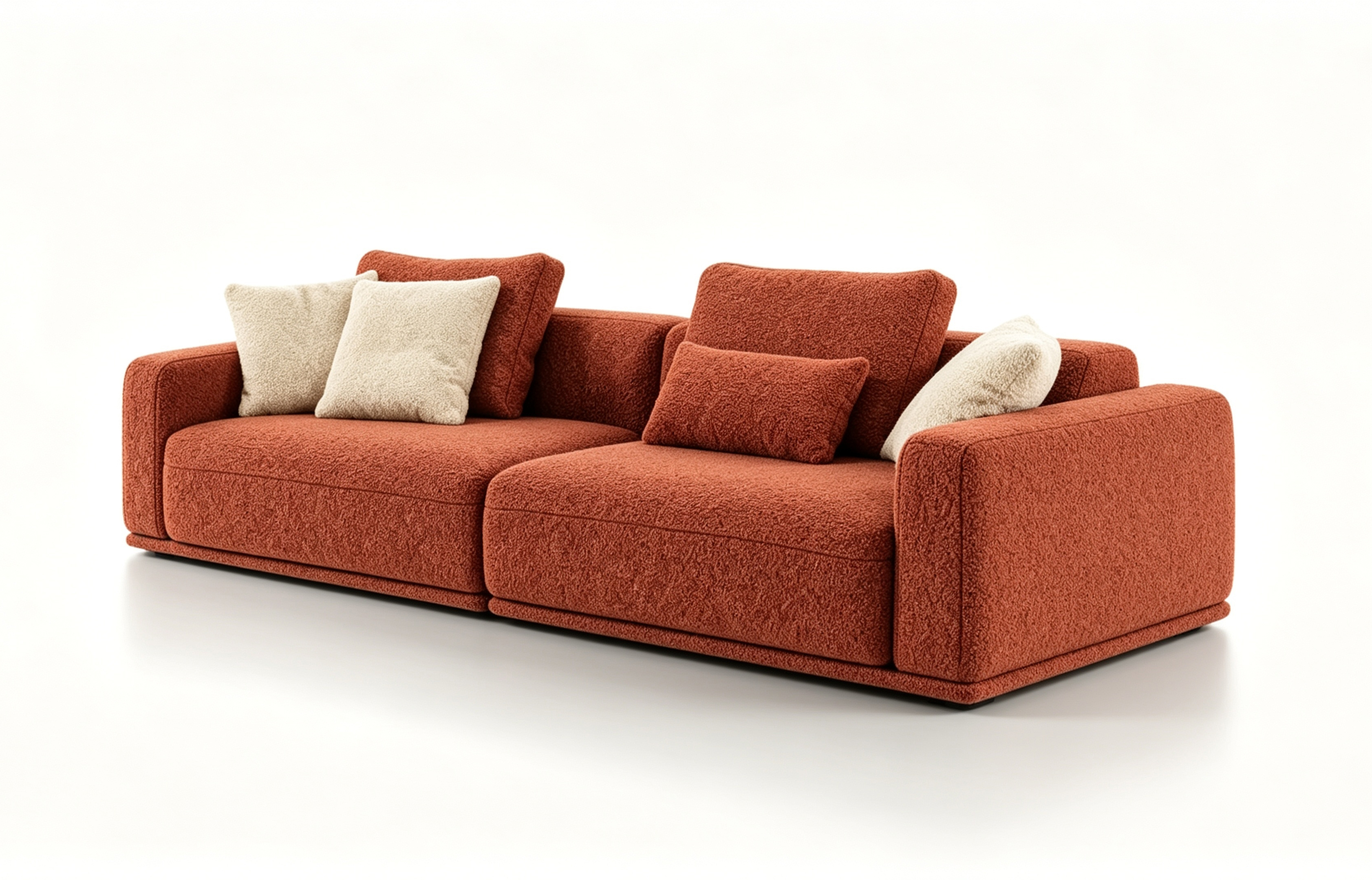 AUREVIO Luxury Designer Sofa with Burnt Terracotta Bouclé Fabric and Fully Upholstered Base by MERAKI — side view