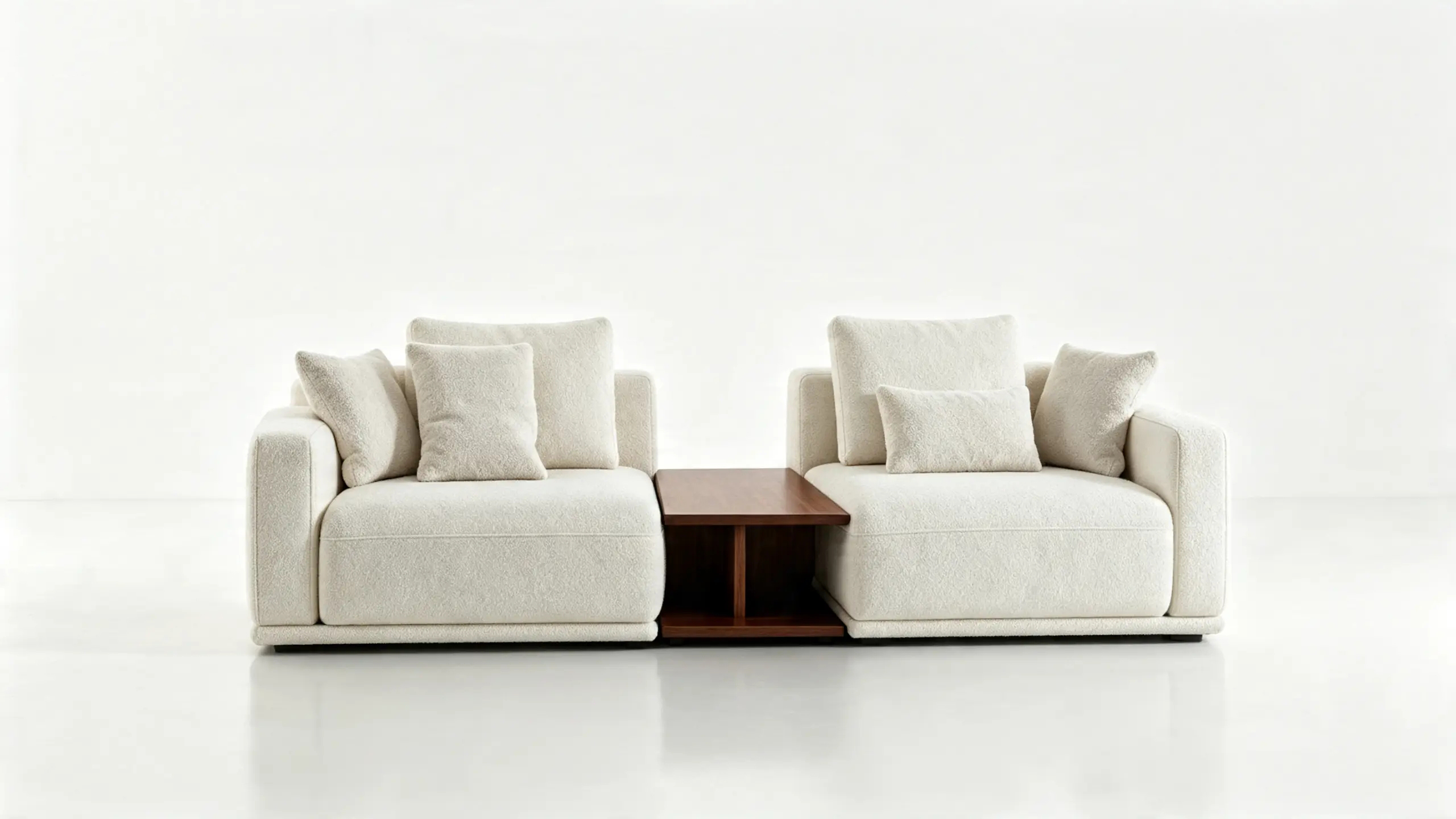 ELVANO Luxury Twin Modular Sofa with Integrated Natural Oak Centre Table and Warm Ivory Bouclé Upholstery by MERAKI — front view