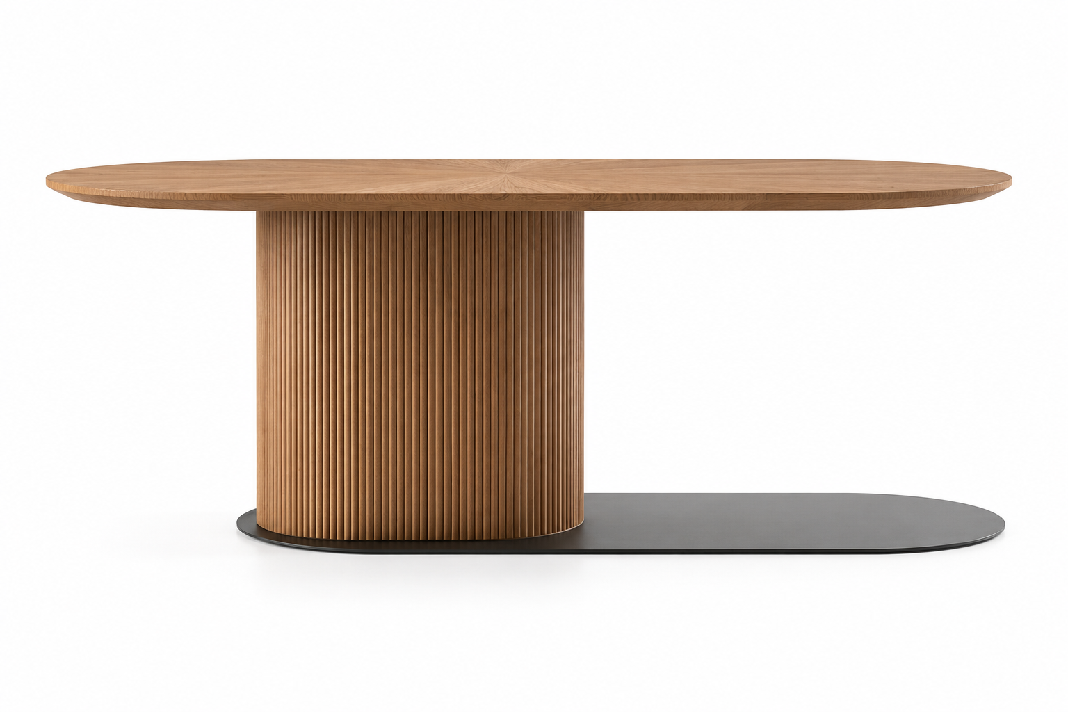 ALDORAN Luxury Oval Dining Table with Handcrafted Sunburst Oak Veneer Top and Solid Oak Fluted Pedestal by MERAKI — front view