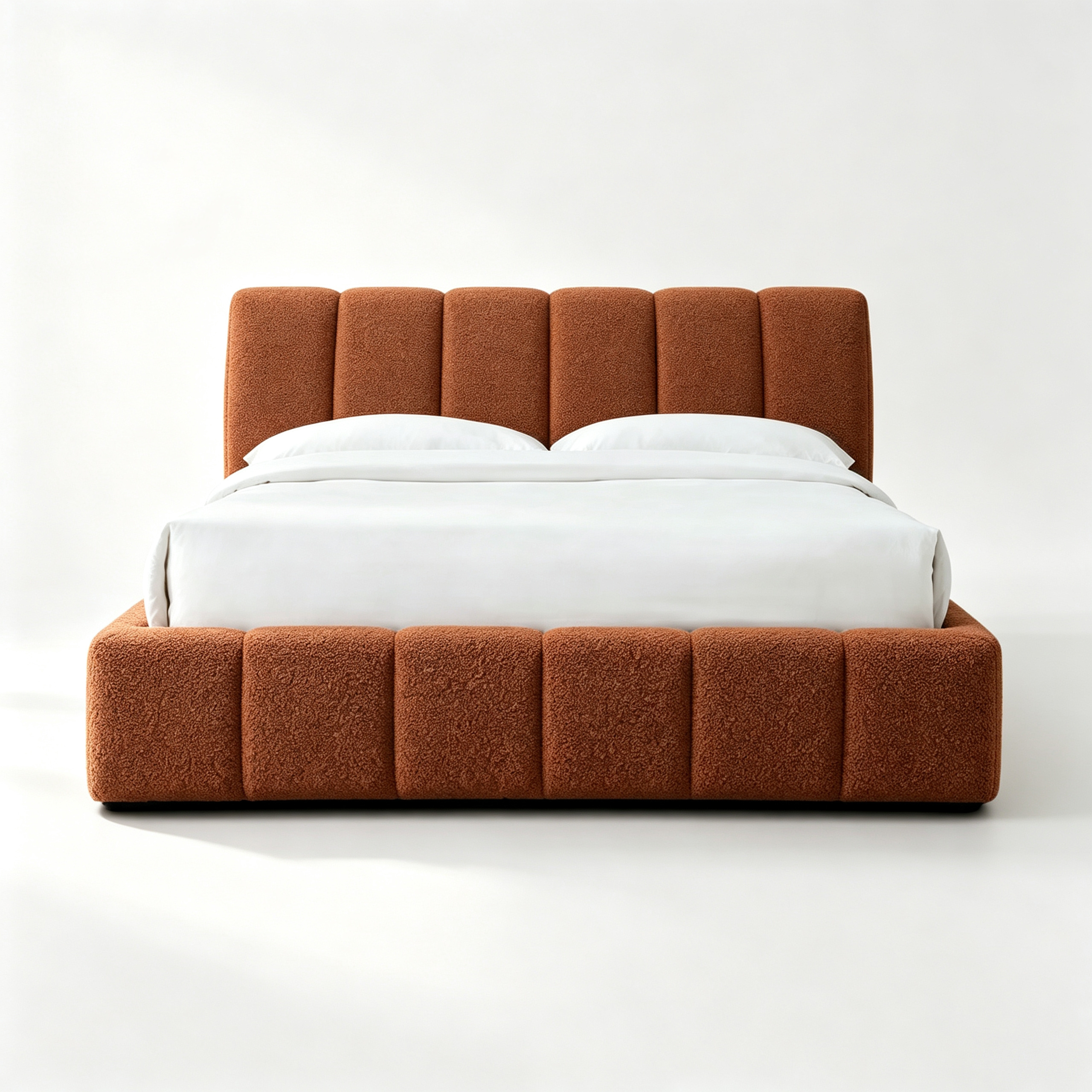 SORVANO Luxury Upholstered Bed with Vertical Channel Tufted Headboard in Burnt Terracotta Bouclé Fabric by MERAKI — front view