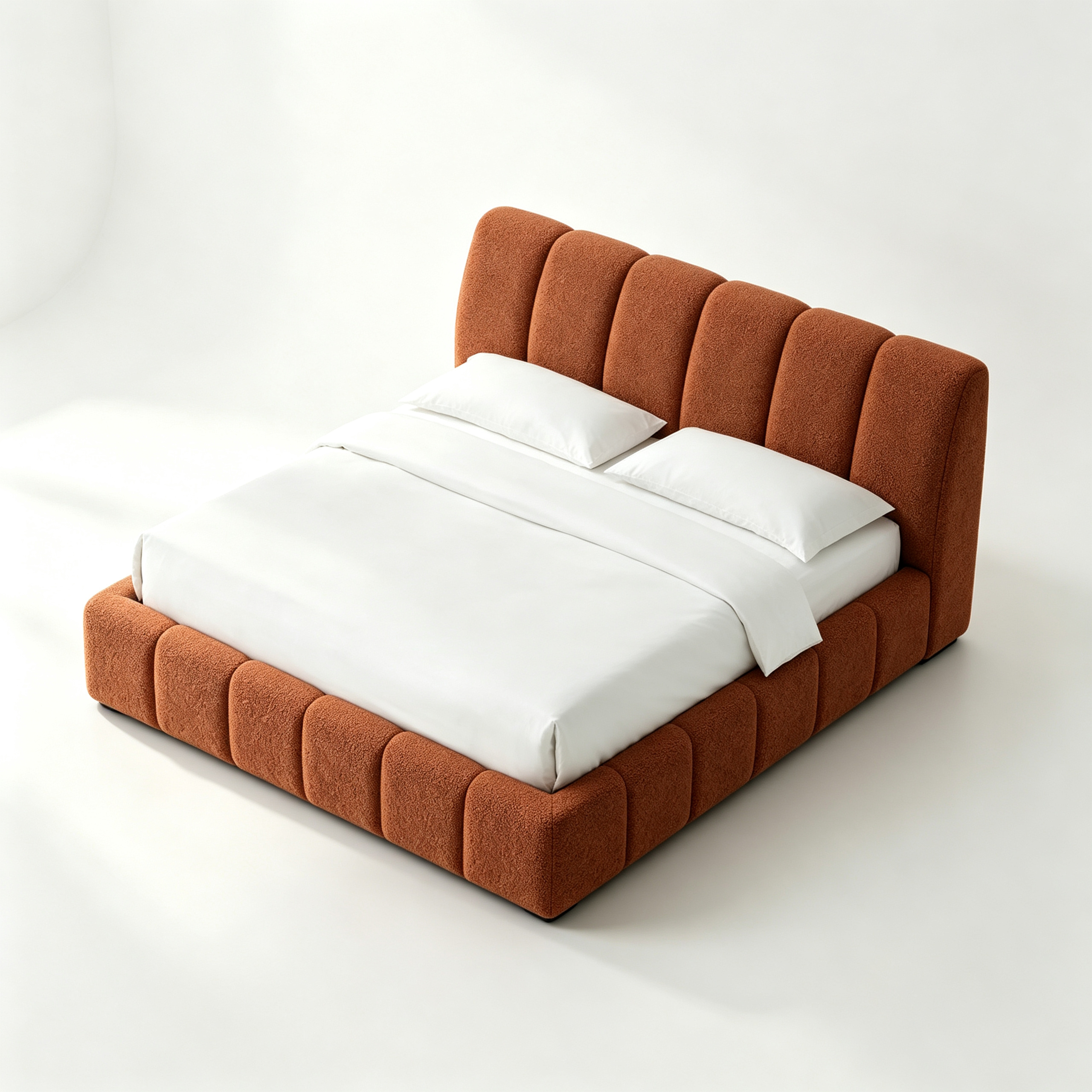 SORVANO Luxury Upholstered Bed with Vertical Channel Tufted Headboard in Burnt Terracotta Bouclé Fabric by MERAKI — side view