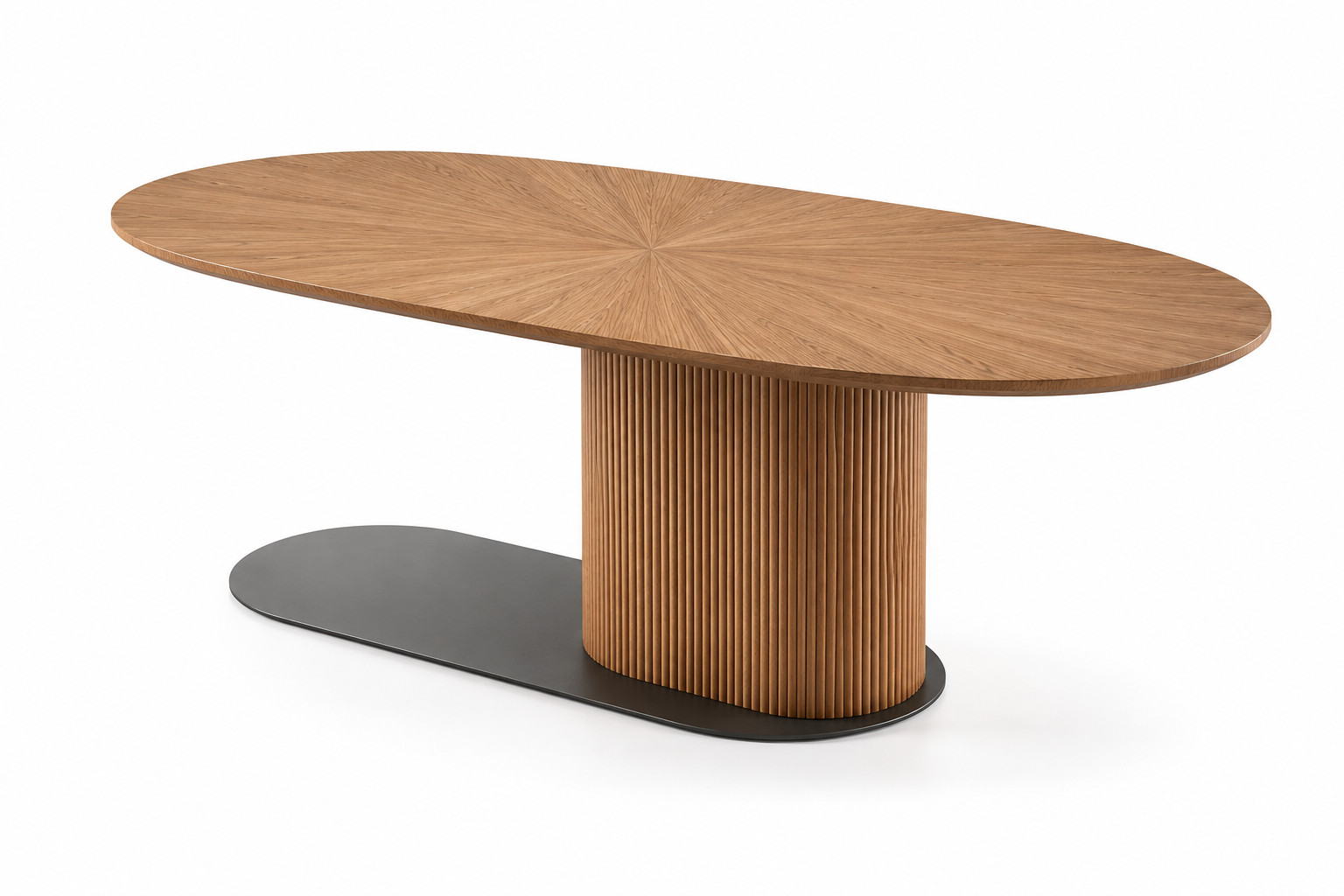 ALDORAN Luxury Oval Dining Table with Handcrafted Sunburst Oak Veneer Top and Solid Oak Fluted Pedestal by MERAKI