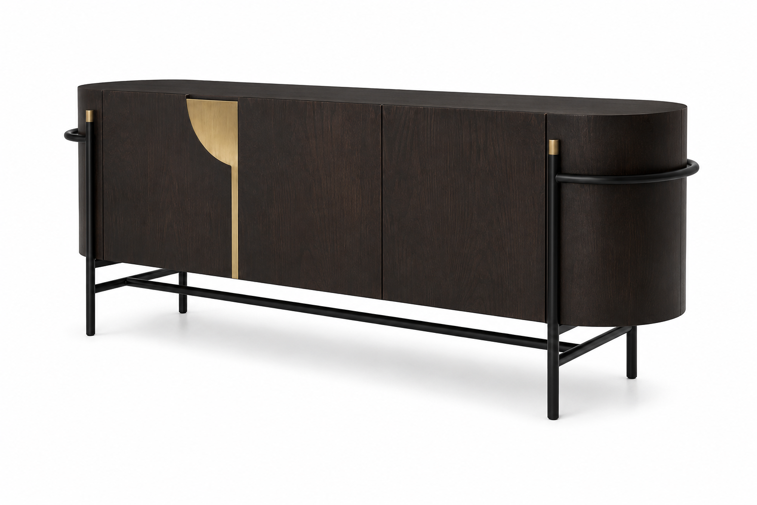 VALTORA Luxury Sideboard with Dark Oak Veneer, Curved Side Panels, Brushed Brass Inlay and Matte Black Steel Frame by MERAKI