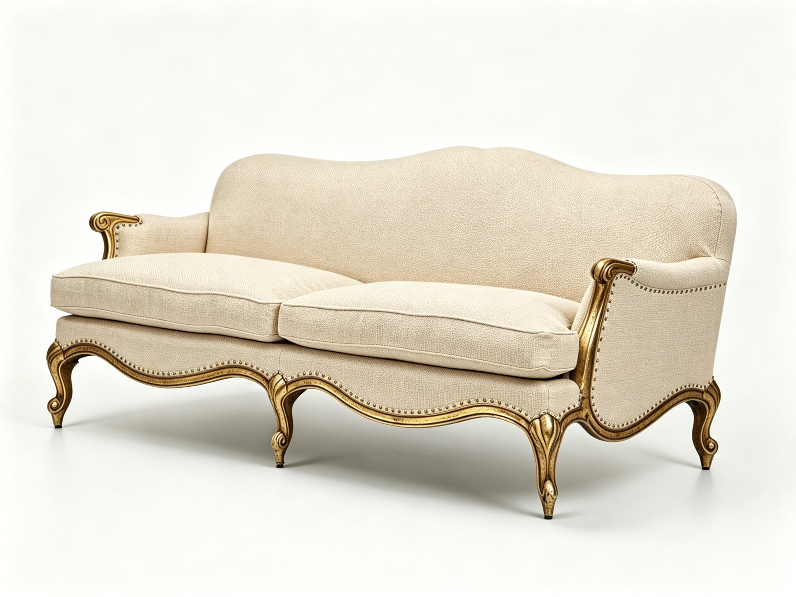 LOREVIA Luxury Classic Sofa with Hand-Carved Solid Wood Frame, Antique Gold Leaf Finish and Warm Ivory Linen Upholstery by MERAKI