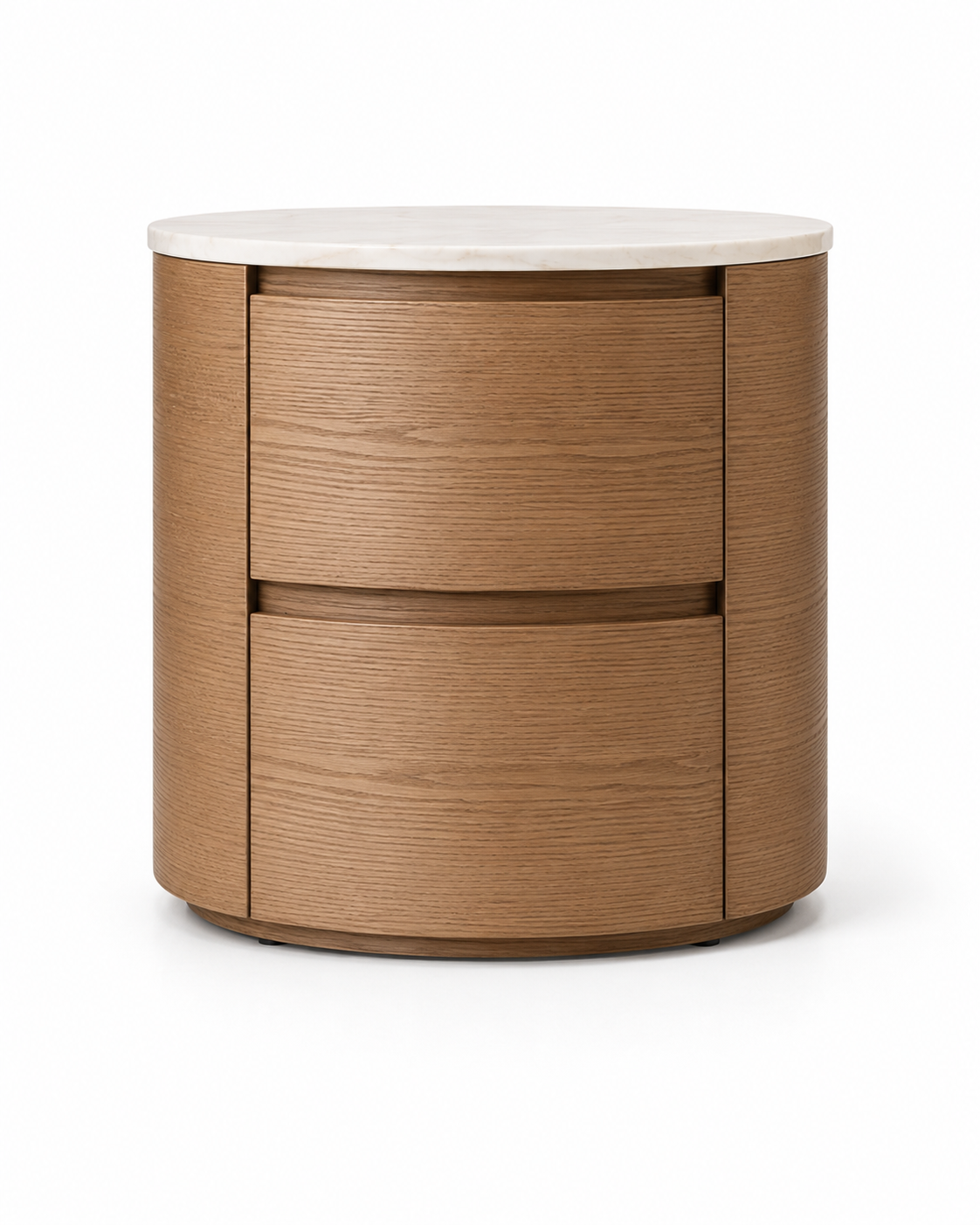 SORANO Luxury Night Table with Natural White Marble Top, Natural Oak Veneer Finish and Dual Soft-Close Drawers by MERAKI — front view