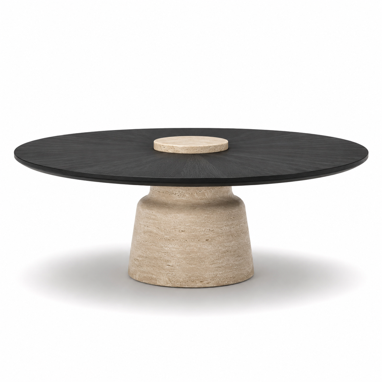 TAVERO luxury round center table with matte black sunburst oak veneer top and sculpted solid travertine pedestal