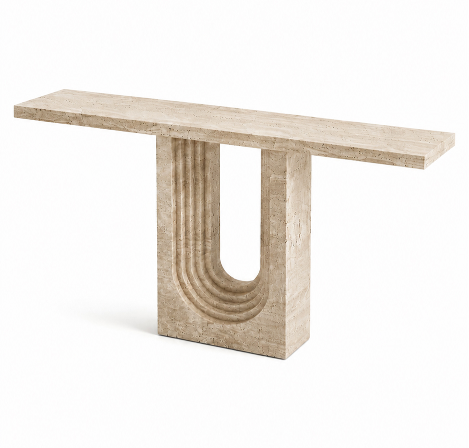 ORLENO solid natural travertine console table with sculptural U-form pedestal and handcrafted stepped stone detailing