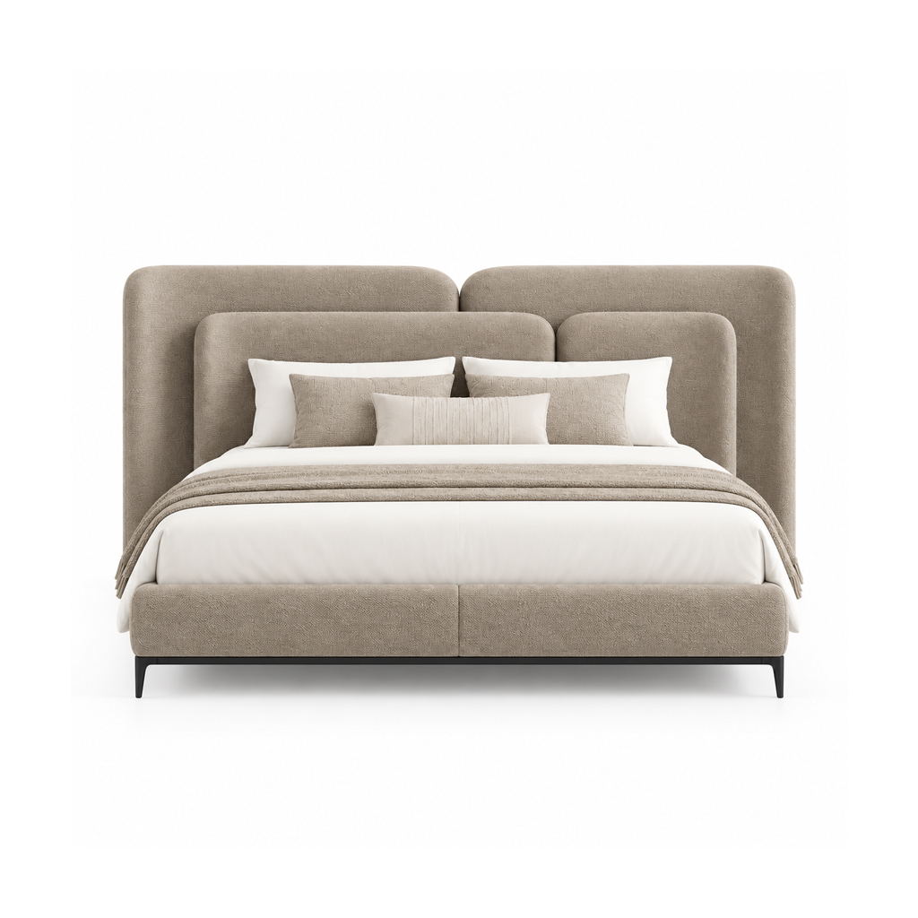 AVELINO luxury upholstered bed with oversized layered statement headboard, warm taupe fabric and dark walnut solid wood base