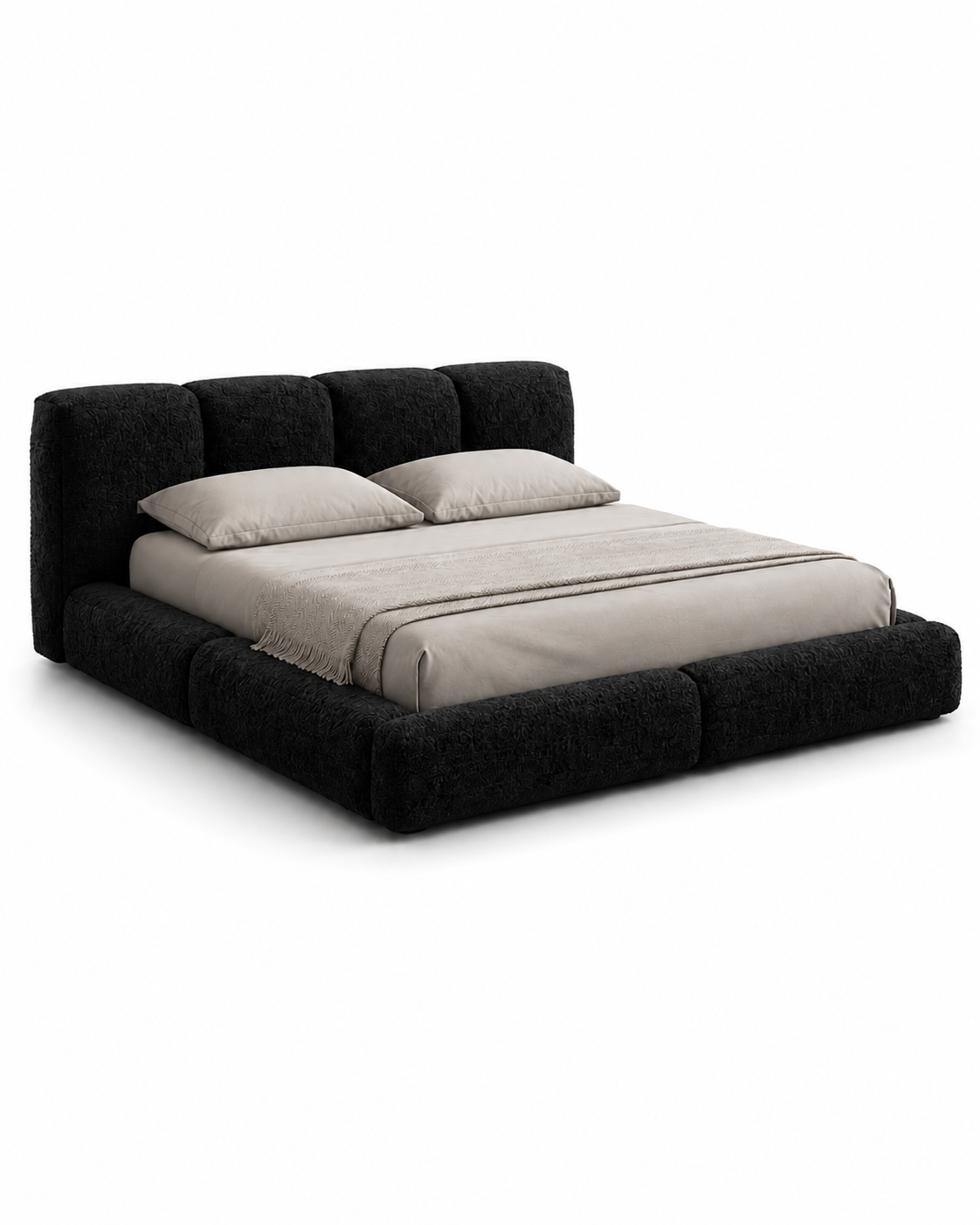 NEROVAN luxury low-profile platform bed with sculpted four-panel headboard, deep black textured upholstery and extra-wide padded frame
