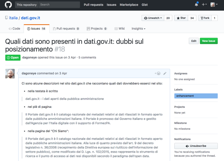 Issue sul repo datigovit in merito al posizionamento del portale