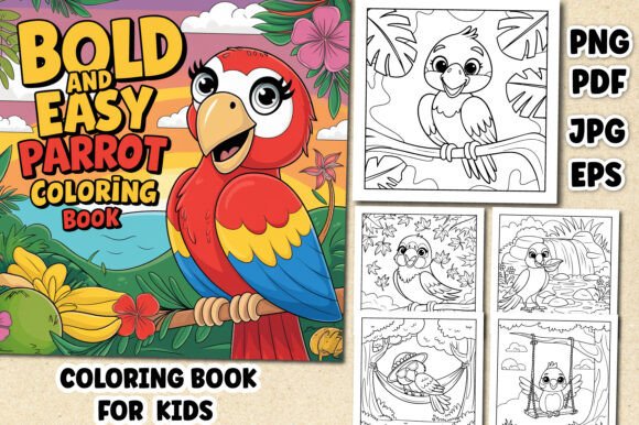 Bold and Easy Parrot Coloring Book Cover and Pages