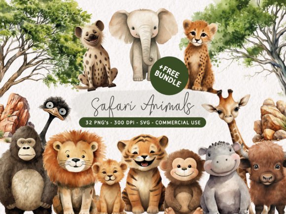 Watercolor Safari Animals Clipart