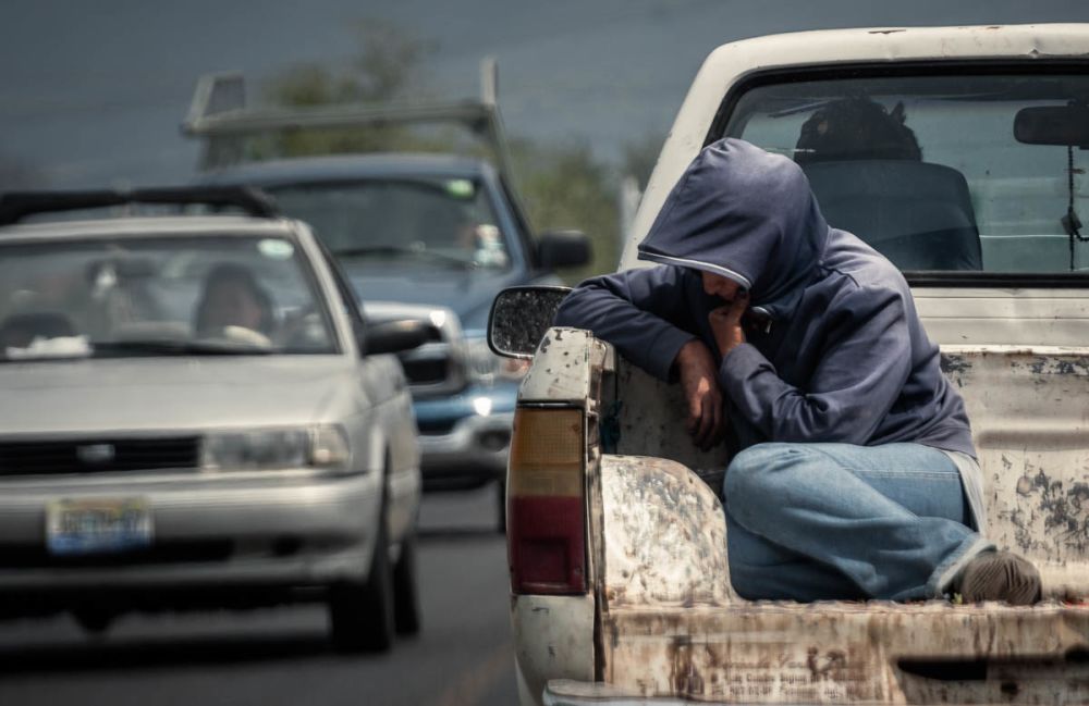 A field worker, likely for Driscoll's Berries, rides in the back of a truck in Jocotopec, Jalisco, Mexico.