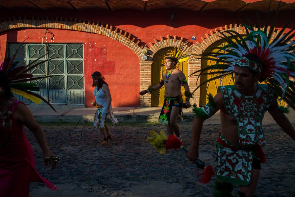 Aztec dancers during the Fiesta for Our Lady of the Rosary in Ajijic.