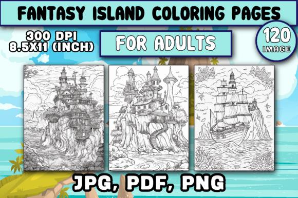 Fantasy Island Coloring Pages digital advertisement showing three intricate island illustrations with towers and ships